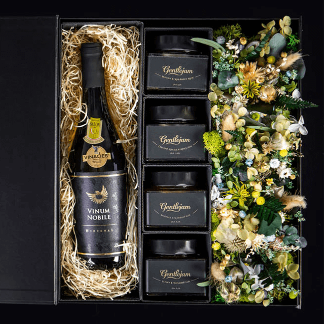 BOHO květinový box s ALKO džemy a ALKO vínem