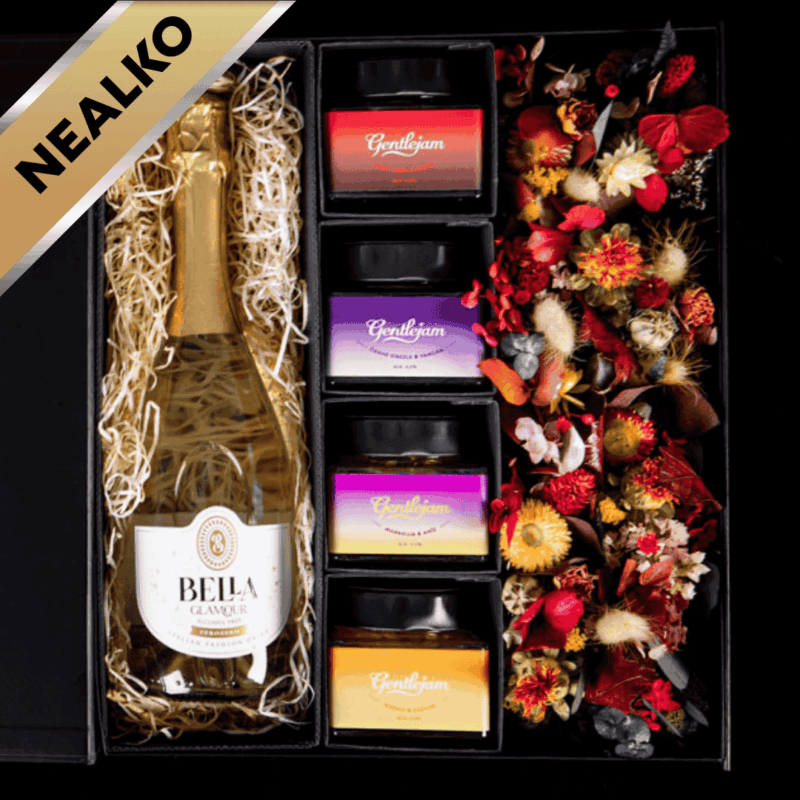 Barevný květinový box s NEALKO džemy a NEALKO vínem