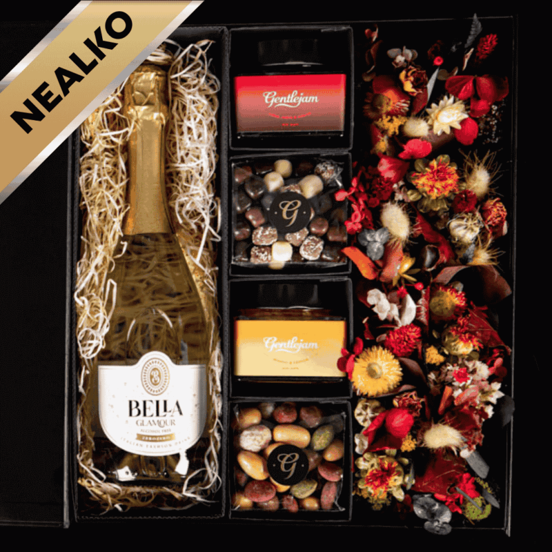 Barevný květinový box s NEALKO džemy, čoko dobrotami a NEALKO vínem