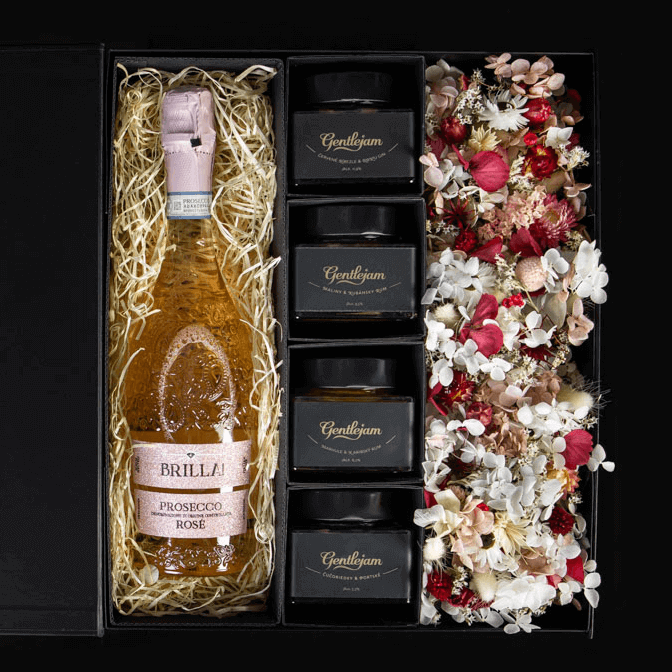 Růžový květinový box s ALKO džemy a proseccem