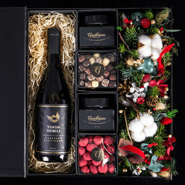 Vánoční květinový box s ALKO džemy, čoko dobrotami a ALKO vínem