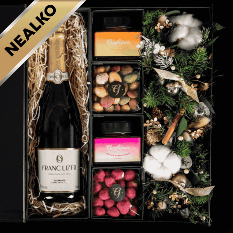 Vánoční květinový box s NEALKO džemy, čoko dobrotami a NEALKO vínem